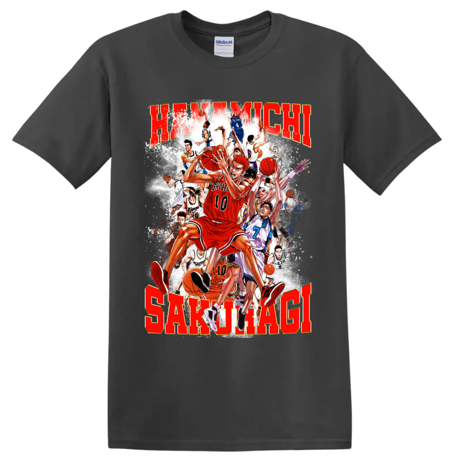 Hanamichi Sakuragi Slam Dunk manga basketball collage with distressed red lettering on a Charcoal T Shirt