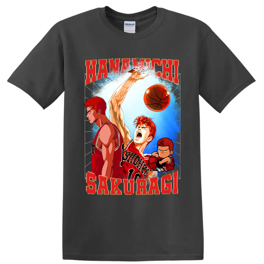 Hanamichi Sakuragi Slam Dunk manga basketball graphic with red lettering and chibi art on a Charcoal T Shirt