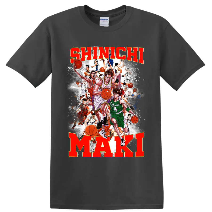 Shinichi Maki Slam Dunk manga basketball collage with bold name lettering on a Charcoal T Shirt