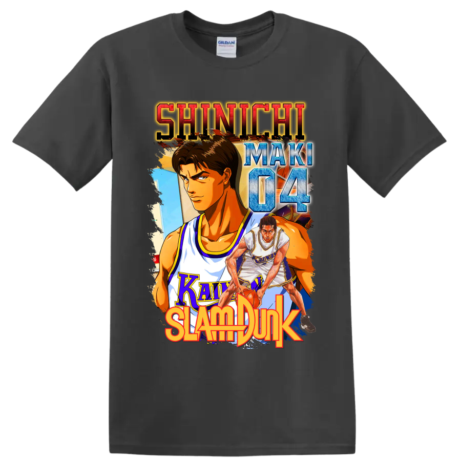Shinichi Maki Slam Dunk manga-style Kainan basketball graphic with number 04 on a Charcoal T Shirt