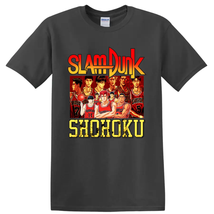 Slam Dunk Shohoku basketball team anime graphic with red jersey player lineup on a Charcoal T Shirt