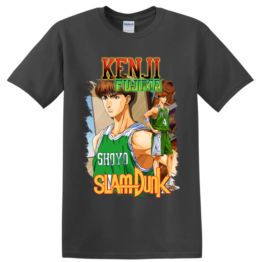 Kenji Fujima Slam Dunk manga basketball graphic with Shoyo jersey number 4 on a Charcoal T Shirt