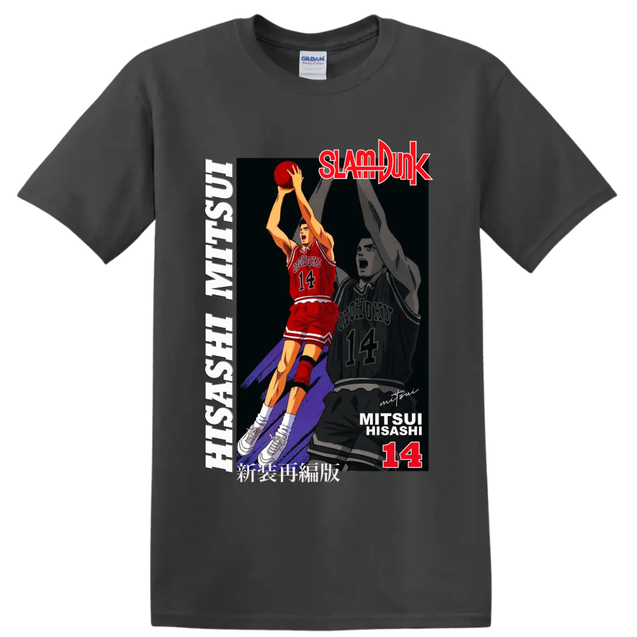 Hisashi Mitsui No. 14 Slam Dunk basketball action manga graphic print on a Charcoal T Shirt