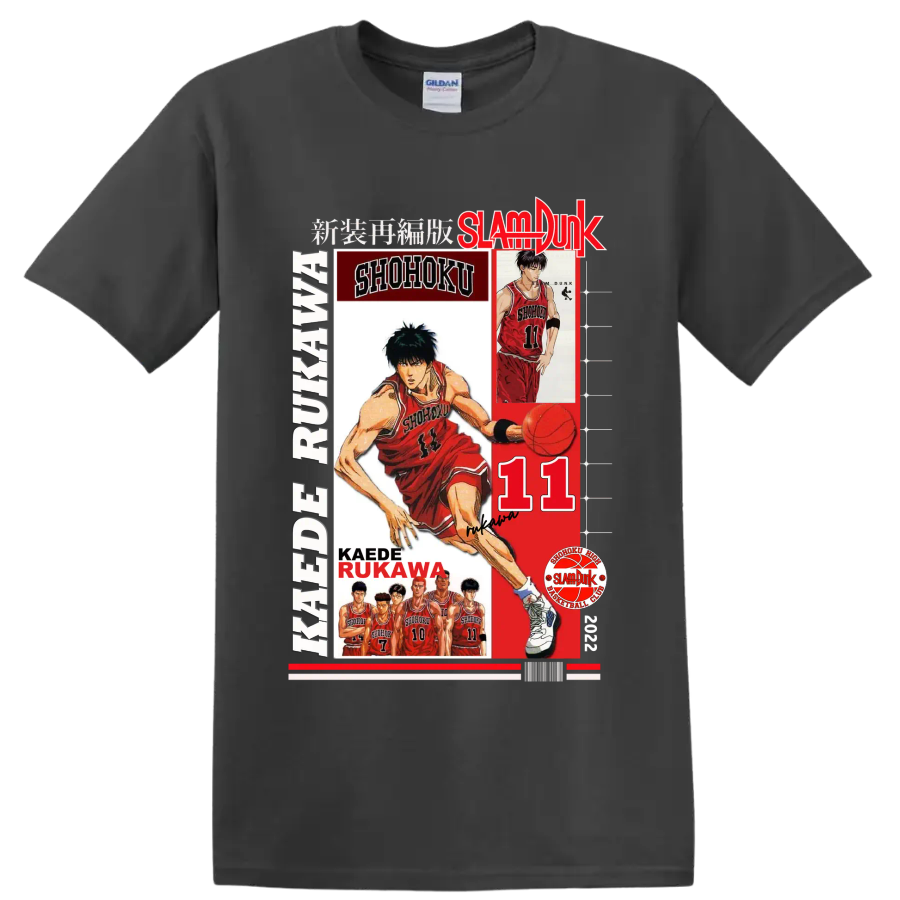 Kaede Rukawa Slam Dunk Shohoku basketball collage with number 11 and player portraits on a Charcoal T Shirt