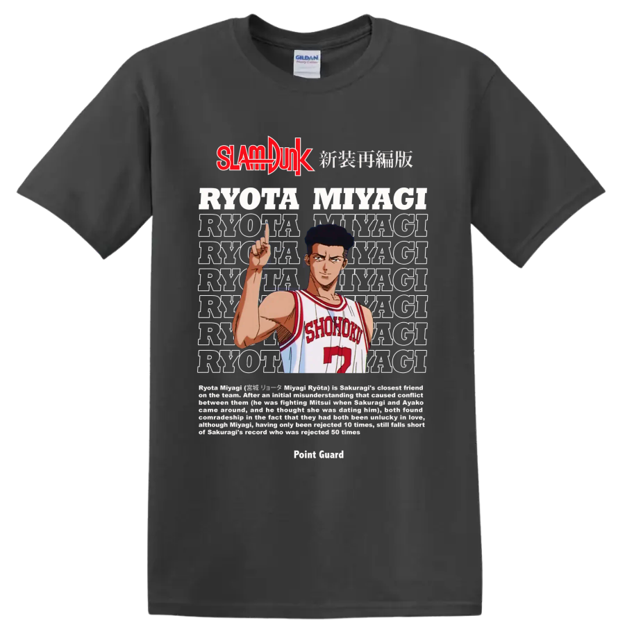 Ryota Miyagi Slam Dunk manga graphic in Shohoku number 7 uniform on a Charcoal T Shirt
