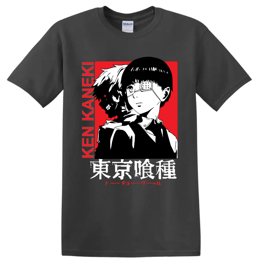 Ken Kaneki Tokyo Ghoul manga portrait with glasses, dark profile, and red backdrop on a Charcoal T Shirt