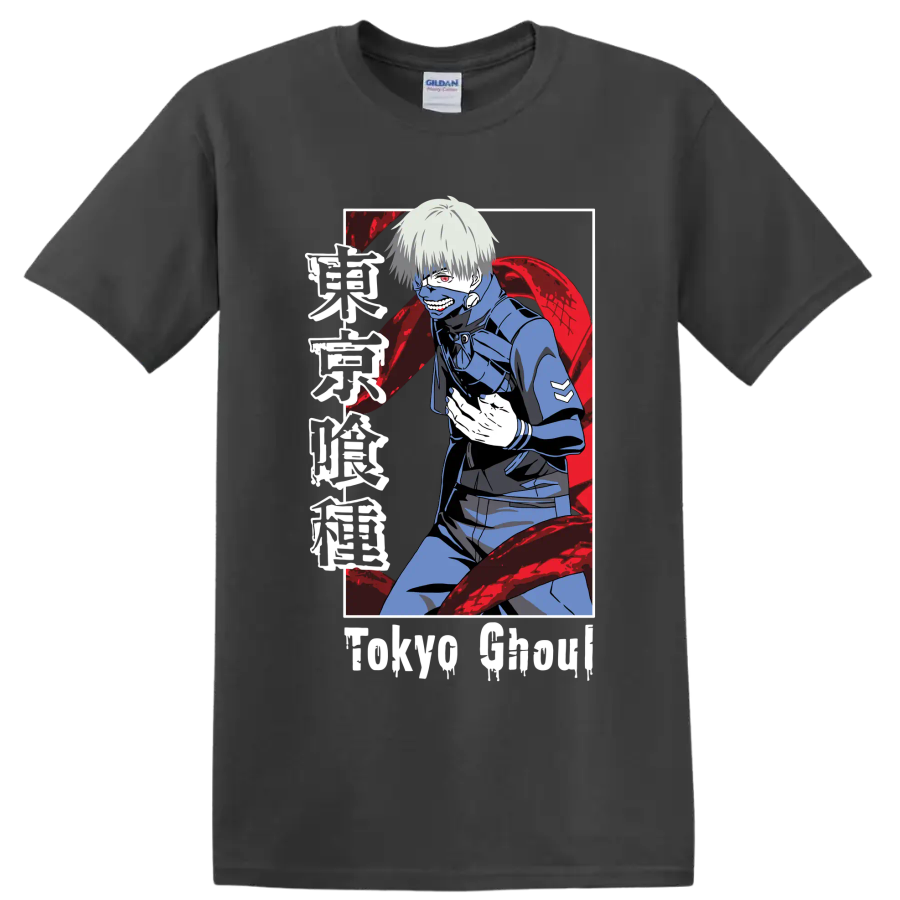 Ken Kaneki masked anime portrait with red kagune in dark Tokyo Ghoul manga style on a Charcoal T Shirt