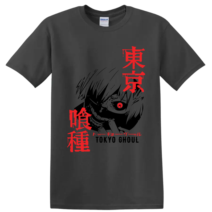 Ken Kaneki Tokyo Ghoul red Japanese title-style graphic print on a Charcoal T Shirt