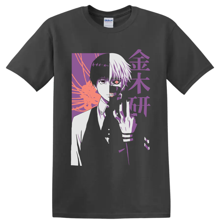 Ken Kaneki split-face Tokyo Ghoul manga portrait with red eye and purple graphic art on a Charcoal T Shirt