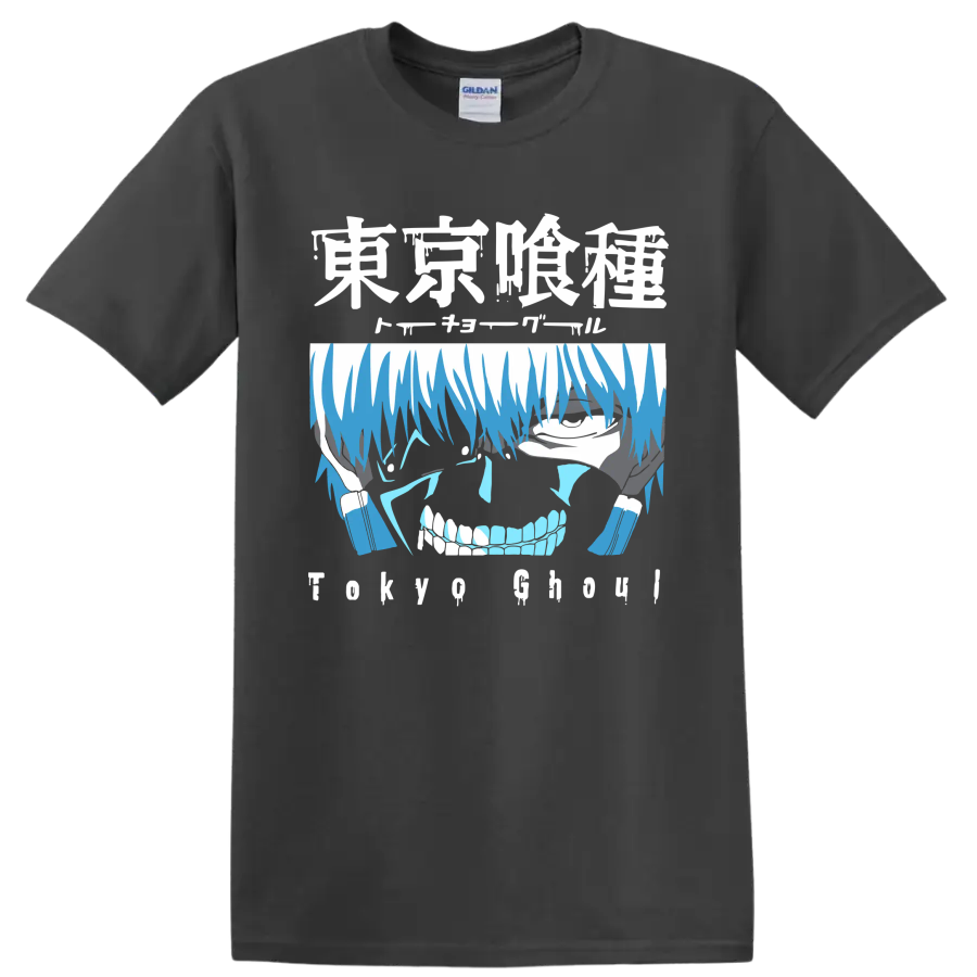 Ken Kaneki blue distressed anime portrait graphic from Tokyo Ghoul on a Charcoal T Shirt