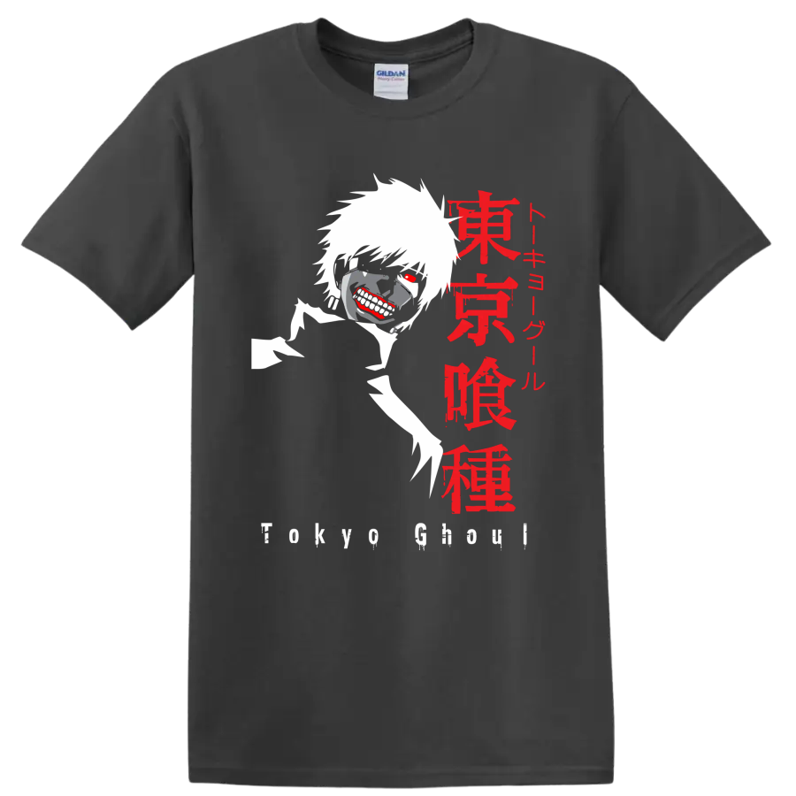 Ken Kaneki Tokyo Ghoul masked anime graphic with red eye and Japanese lettering on a Charcoal T Shirt