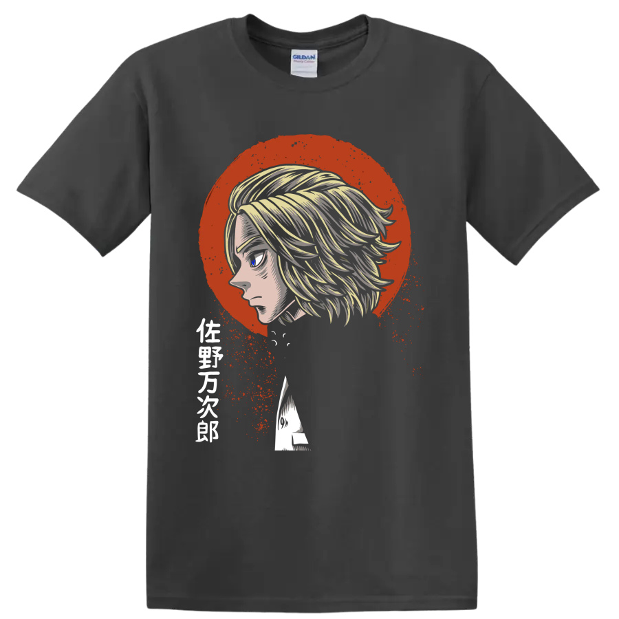Manjiro Sano profile anime portrait with red distressed circle and splatter art on a Charcoal T Shirt