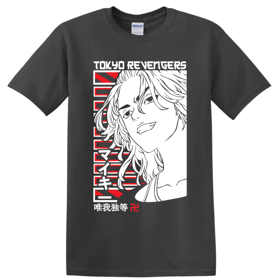 Ken Ryuguji Draken portrait in bold red and black Tokyo Revengers anime art on a Charcoal T Shirt