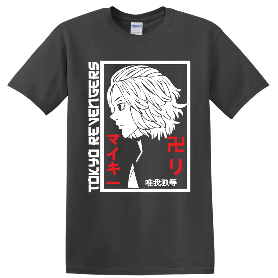 Manjiro Sano Mikey black-and-white manga portrait with red Japanese lettering on a Charcoal T Shirt