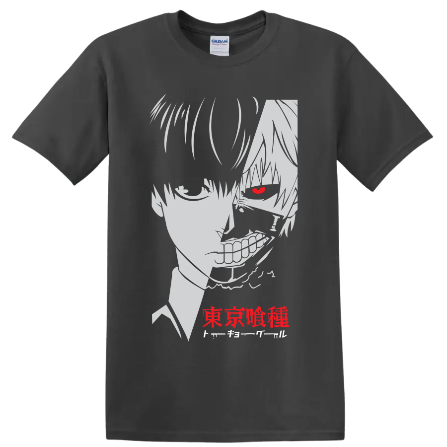 Ken Kaneki Tokyo Ghoul manga portrait with red eye, grin, and Japanese lettering on a Charcoal T Shirt