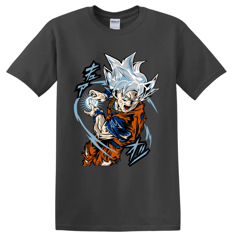 Goku Ultra Instinct anime fighter with blue energy sphere and sweeping action lines on a Charcoal T Shirt