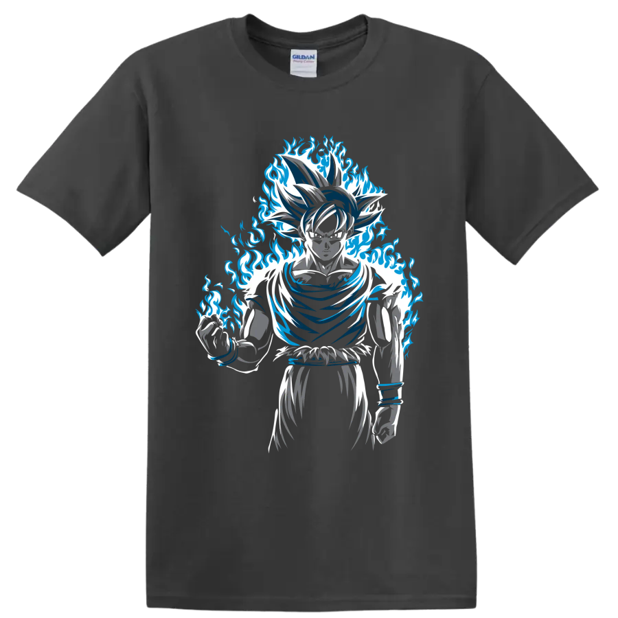 Goku Dragon Ball Super manga-style graphic with a dramatic blue flame aura on a Charcoal T Shirt