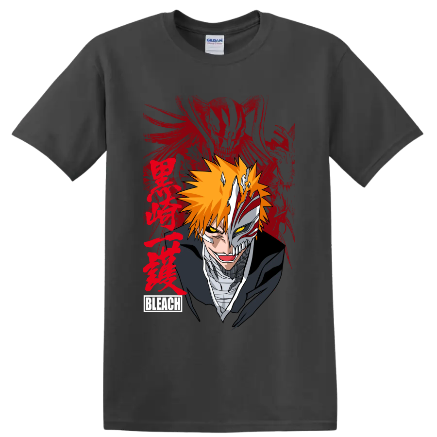 Ichigo Kurosaki split Hollow mask portrait with orange hair and red brushstroke art on a Charcoal T Shirt