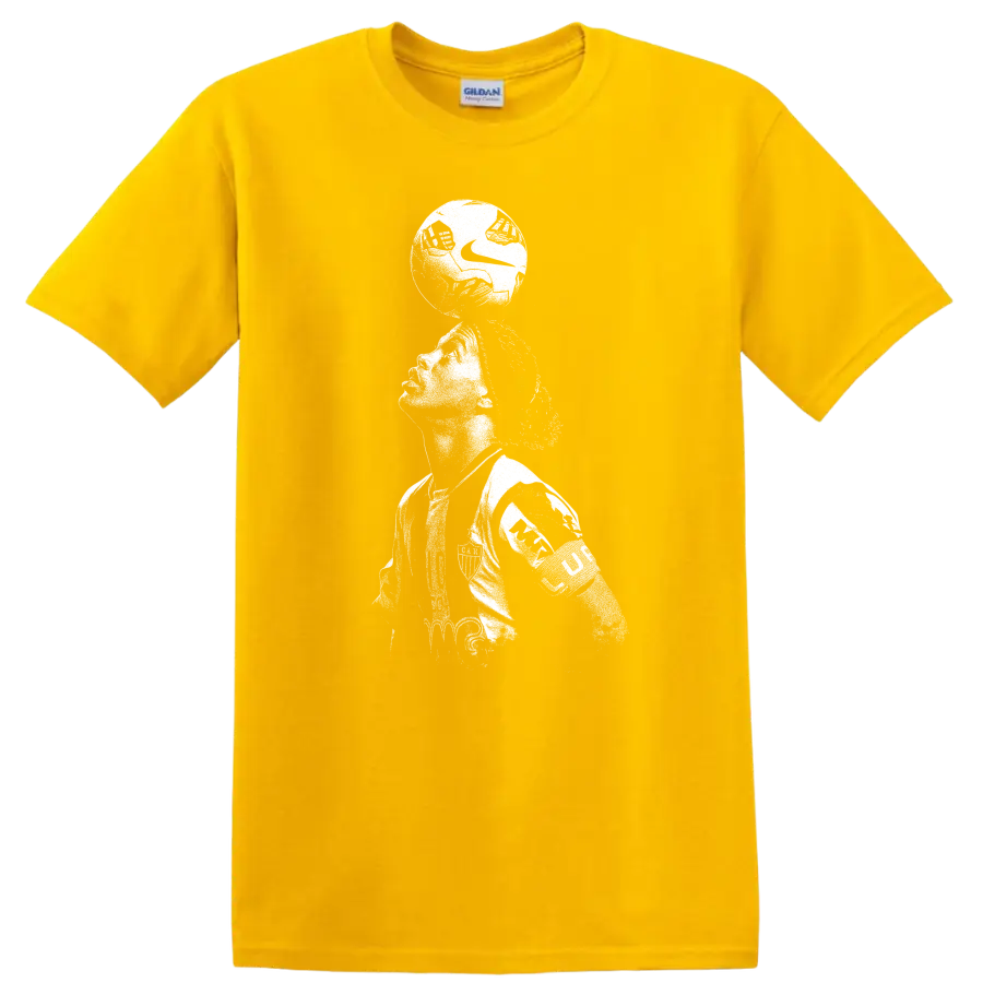 Retro soccer legend portrait of Ronaldinho Gaúcho style on black T - Daisy (Yellow)