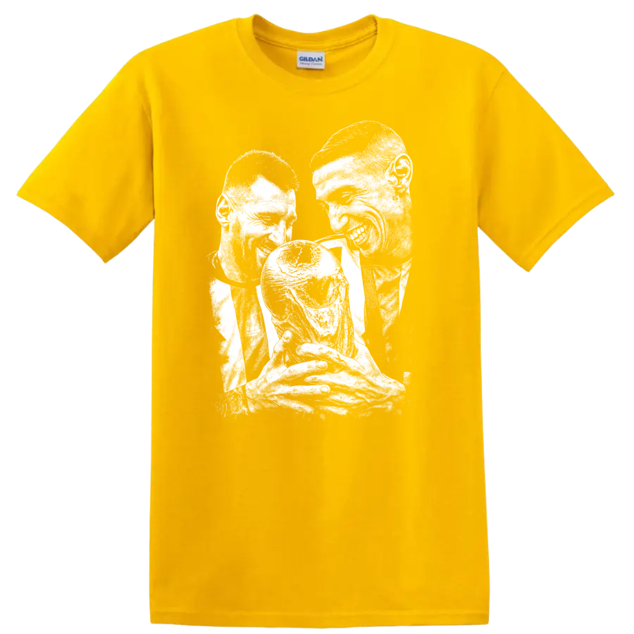 Retro soccer legend portrait design featuring Lionel Messi and Ángel Di María T - Daisy (Yellow)