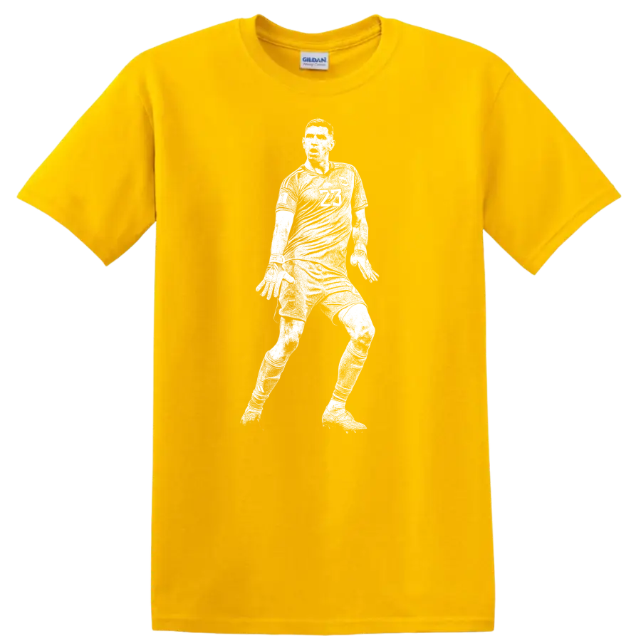 Black and white retro soccer player silhouette design for Emiliano Martínez T - Daisy (Yellow)