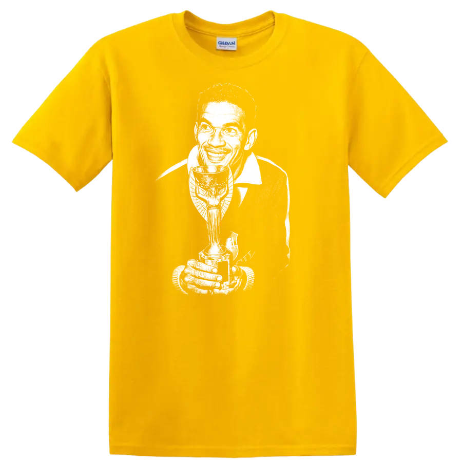 Black and white retro soccer portrait graphic T shirt of Manuel Francisco dos - Daisy (Yellow)