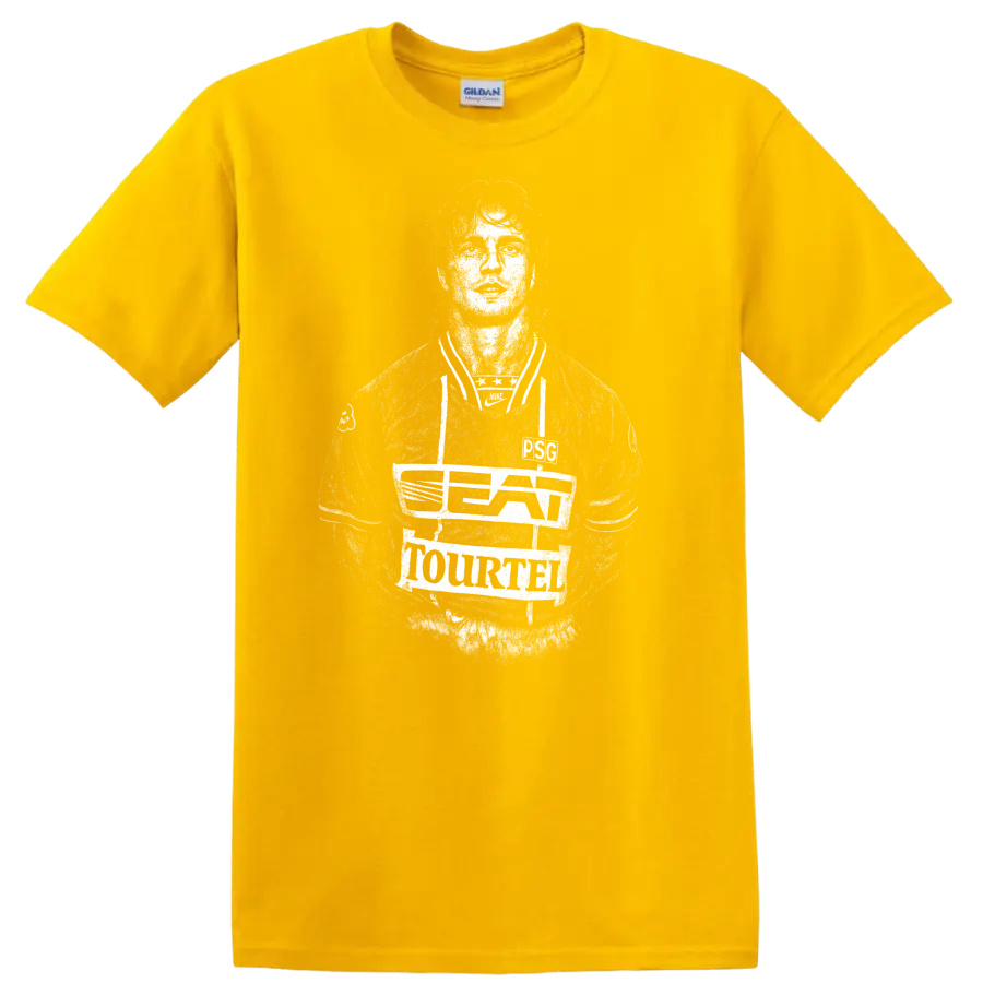 Retro soccer portrait style graphic inspired by David Ginola T - Daisy (Yellow)