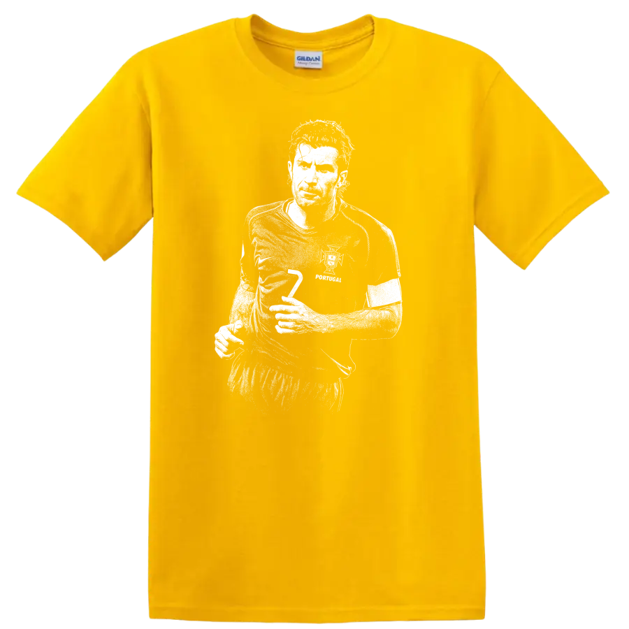 High-contrast retro soccer portrait of Luís Figo style graphic T-shirt - Daisy (Yellow)