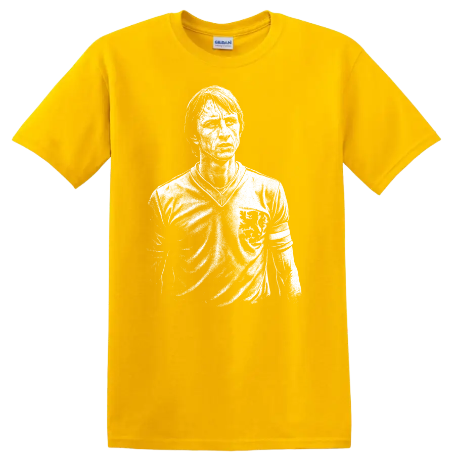 Black and white retro soccer portrait graphic T shirt inspired by Johan - Daisy (Yellow)