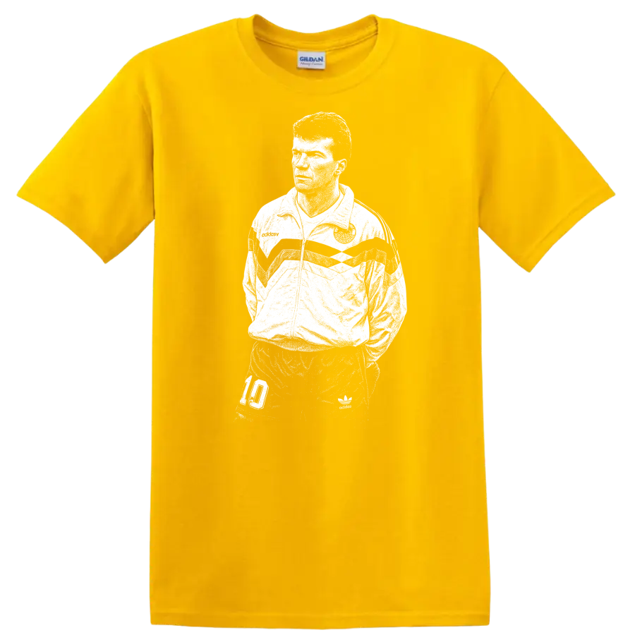 Retro soccer legend portrait graphic T Shirt inspired by Matthias - Daisy (Yellow)
