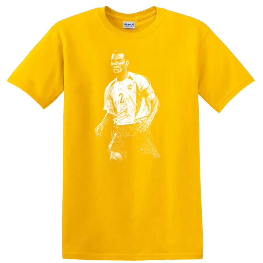Retro pixel-style Ronaldo Nazário soccer portrait on black T - Daisy (Yellow)