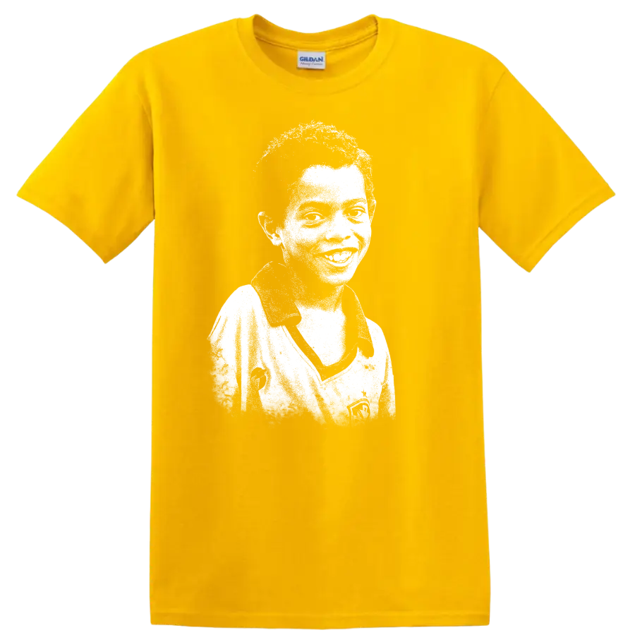 Retro pixel-style soccer legend portrait inspired by Ronaldo de Assis Moreira T - Daisy (Yellow)
