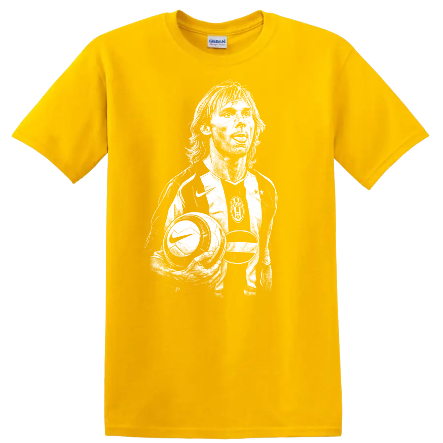 Black and white retro soccer portrait graphic T shirt featuring Pavel - Daisy (Yellow)