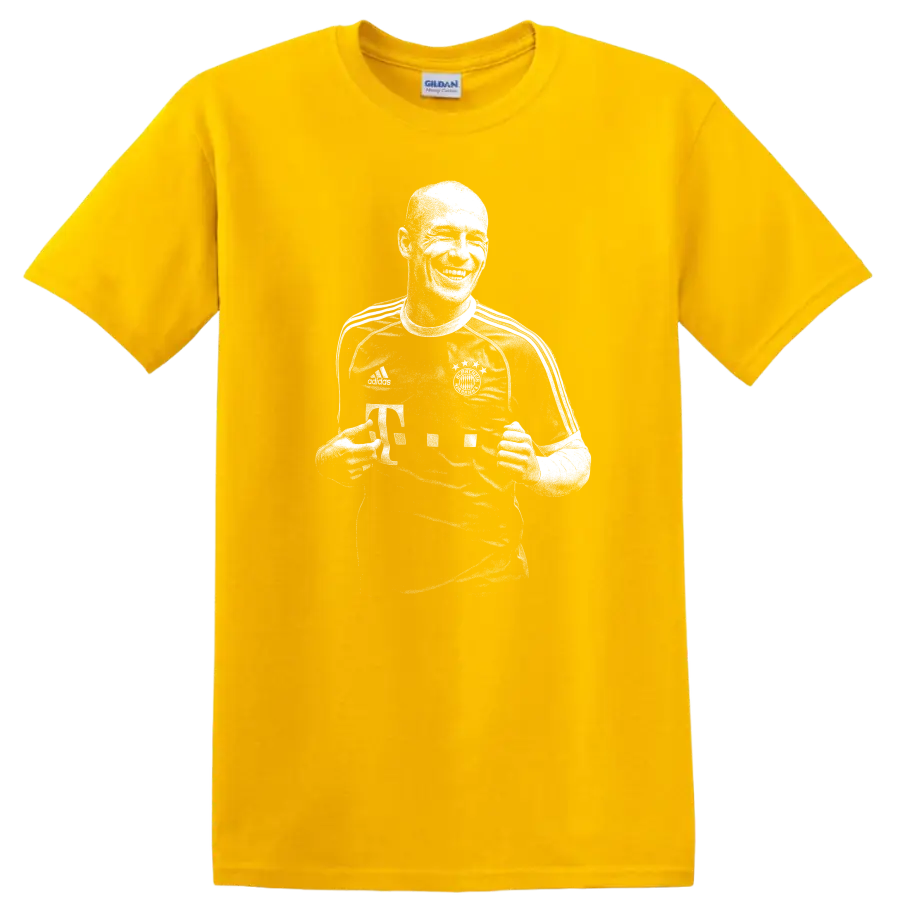 Black and white retro soccer portrait of Arjen Robben on a T - Daisy (Yellow)
