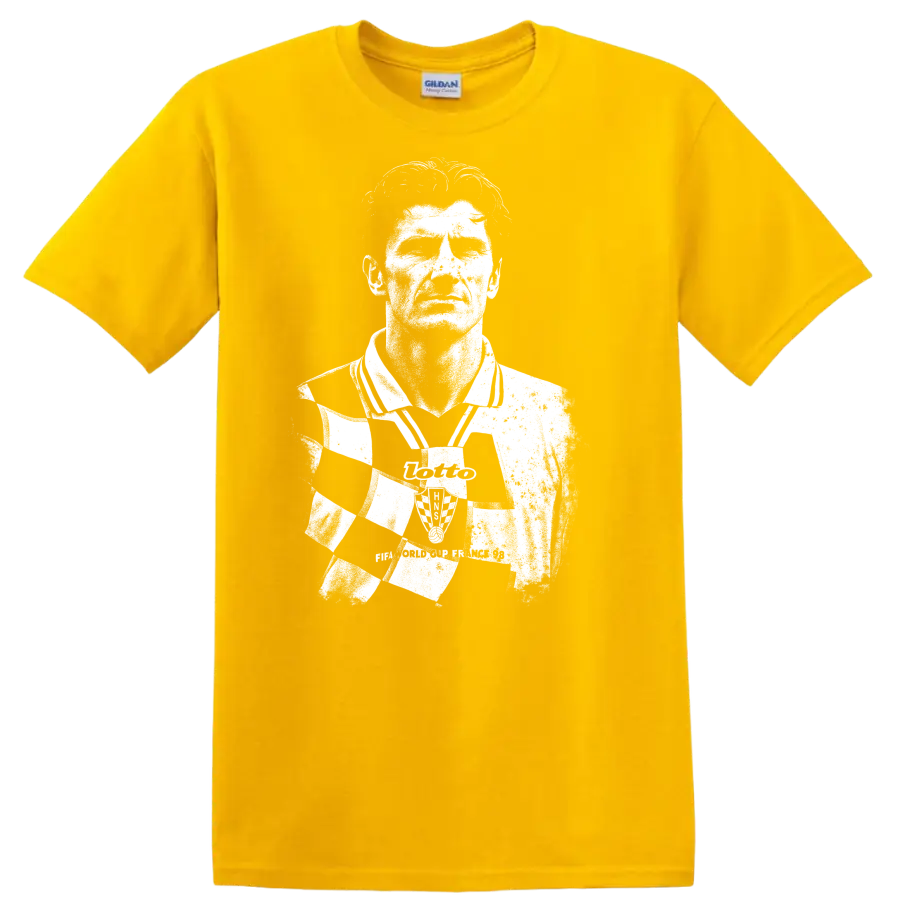 High-contrast retro soccer portrait of Davor Šuker graphic T - Daisy (Yellow)
