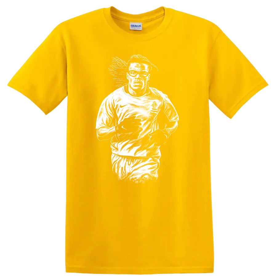 High-contrast retro soccer portrait of Edgar Davids inspired legend style T - Daisy (Yellow)