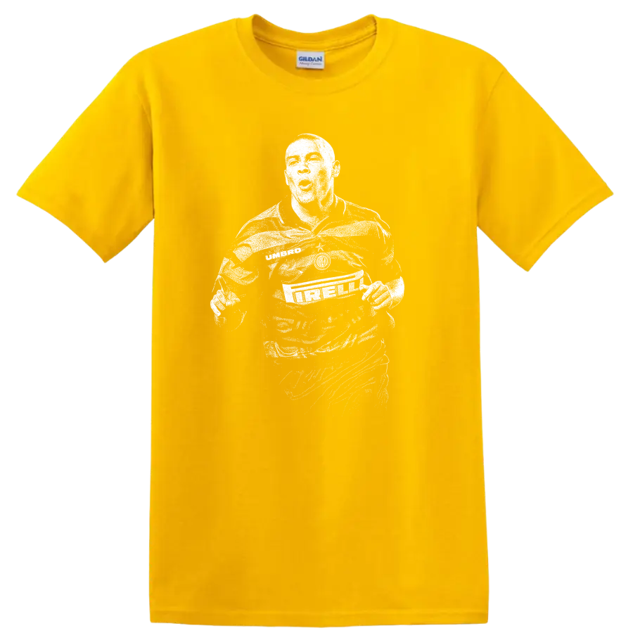 Retro soccer legend portrait of Ronaldo Nazário style graphic T - Daisy (Yellow)
