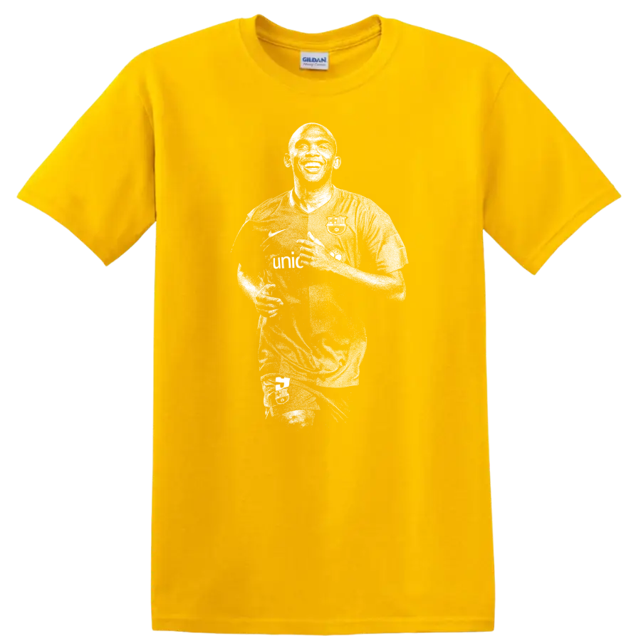 Retro soccer portrait style of Samuel Eto'o on a black T - Daisy (Yellow)