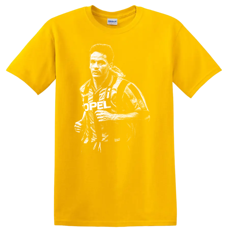 Black and white retro soccer portrait of Roberto Baggio on a T - Daisy (Yellow)