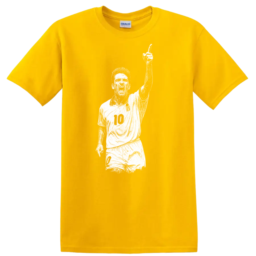 Retro soccer legend portrait of Roberto Baggio in bold black and white T Shirt - Daisy (Yellow)
