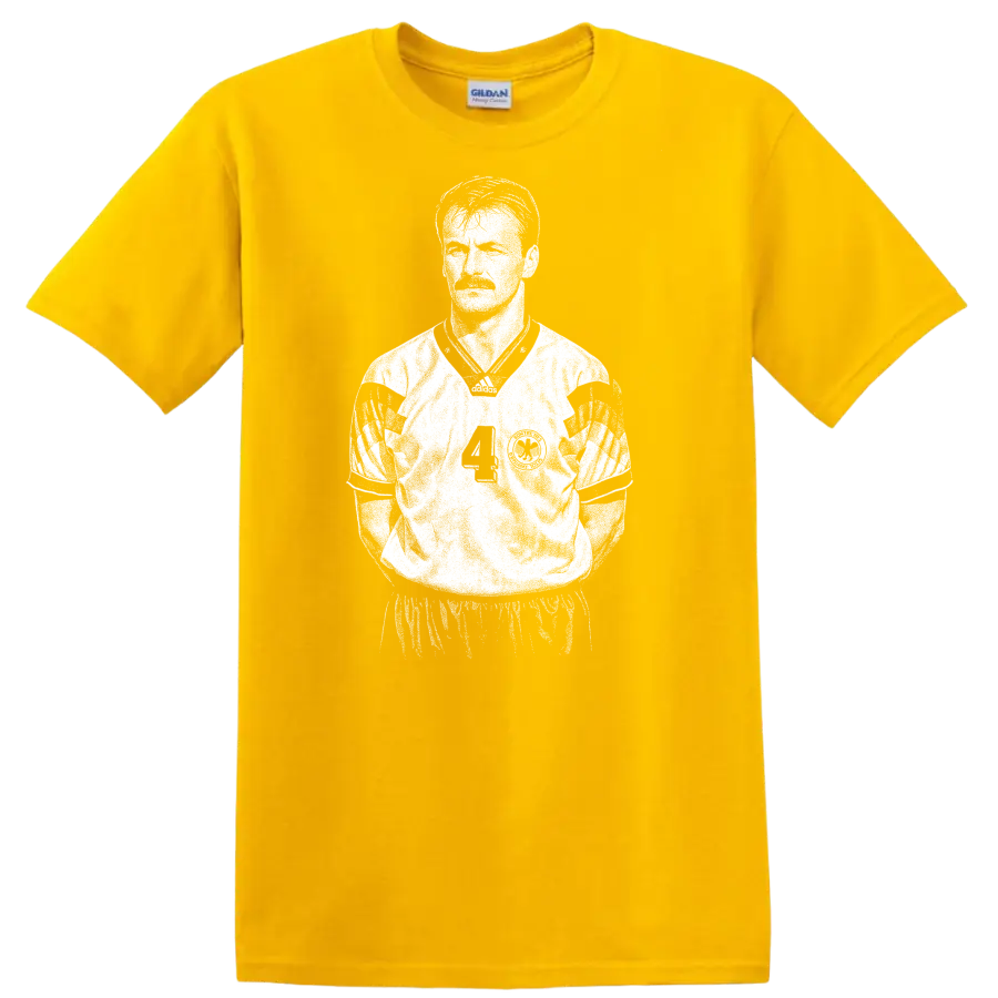 Retro soccer legend portrait style graphic featuring Jürgen Kohler on a T - Daisy (Yellow)