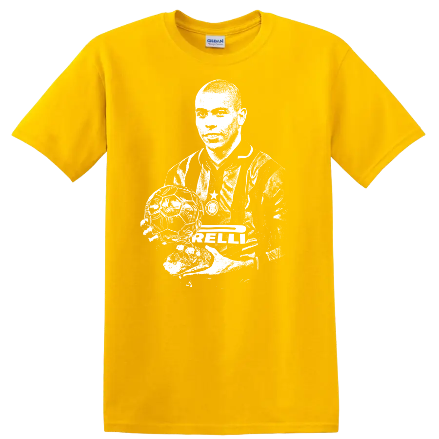 Retro soccer portrait graphic inspired by Ronaldo Nazário on a T - Daisy (Yellow)