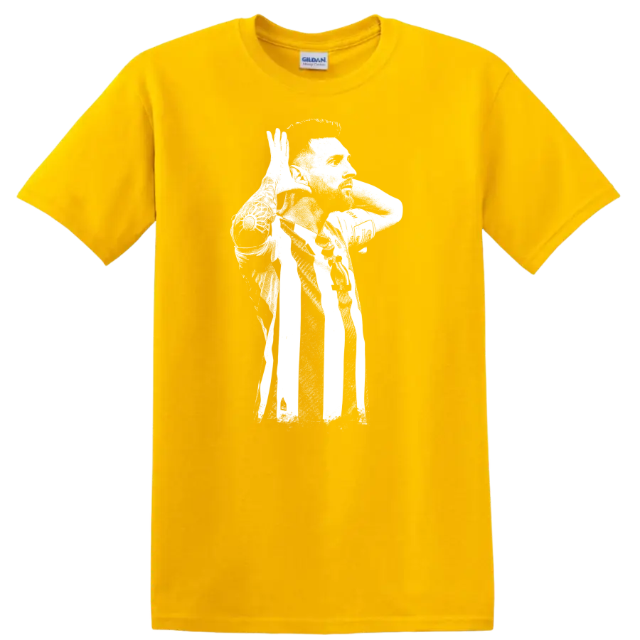 High-contrast retro soccer portrait of Lionel Messi style graphic - Daisy (Yellow)