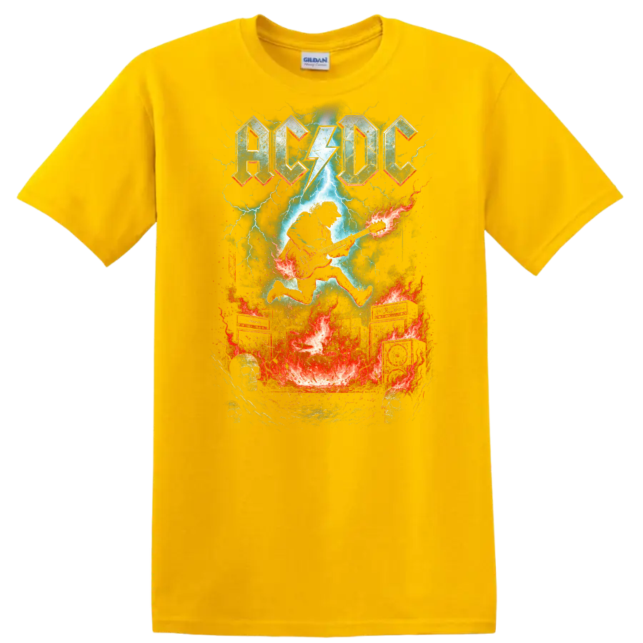 AC DC Retro Rock Lightning Guitar Heavy Metal T Shirt - Daisy (Yellow)