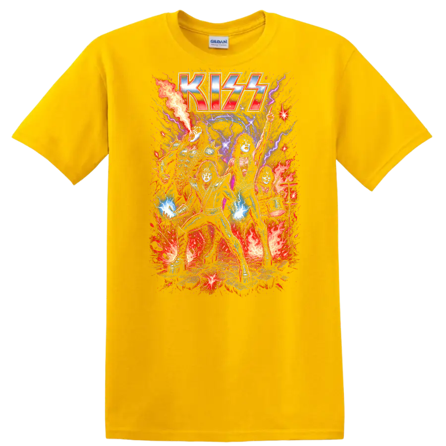KISS Retro Heavy Metal Rock Band Album Cover Legend Style T Shirt - Daisy (Yellow)