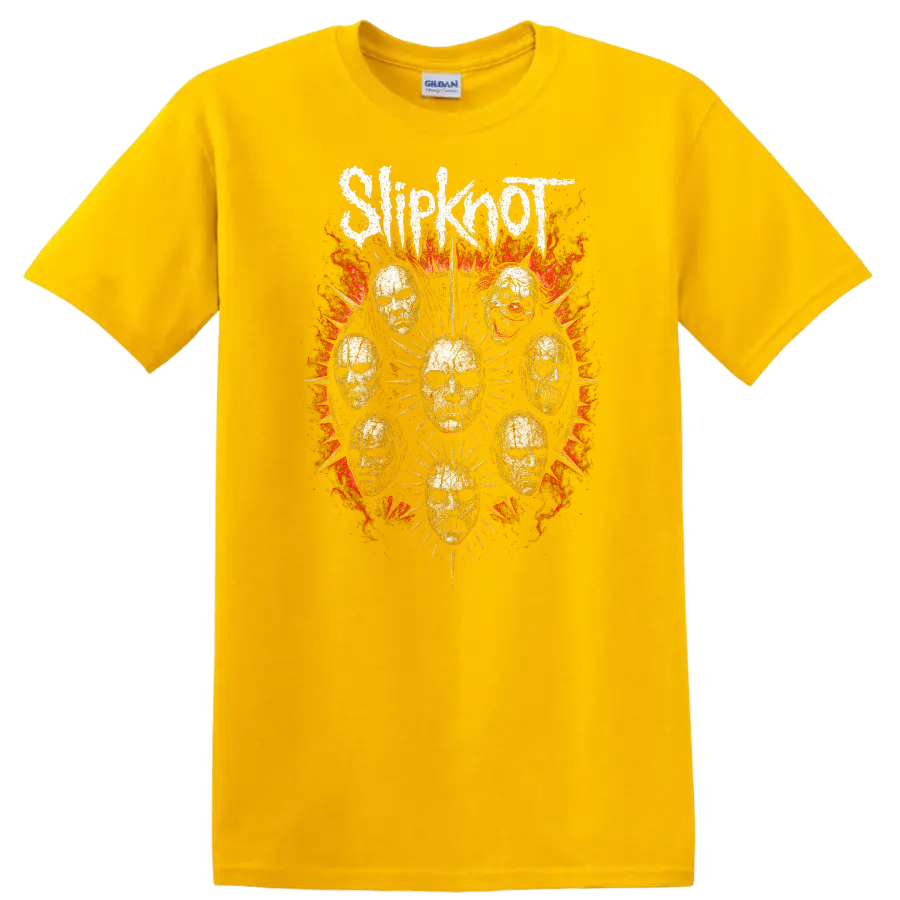 Retro Metal Skull Masks Heavy Rock Album Art T Shirt - Daisy (Yellow)