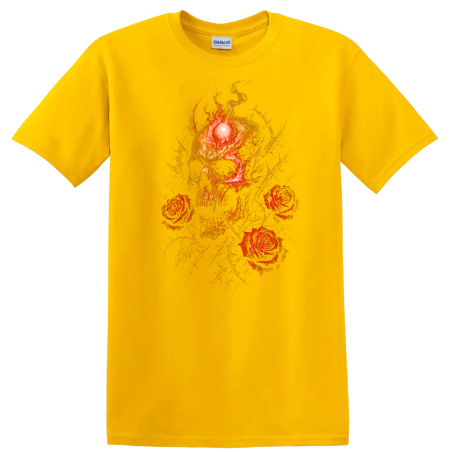 Retro Heavy Metal Skull Roses Fire T Shirt Dark Rock Band Cover Style - Daisy (Yellow)