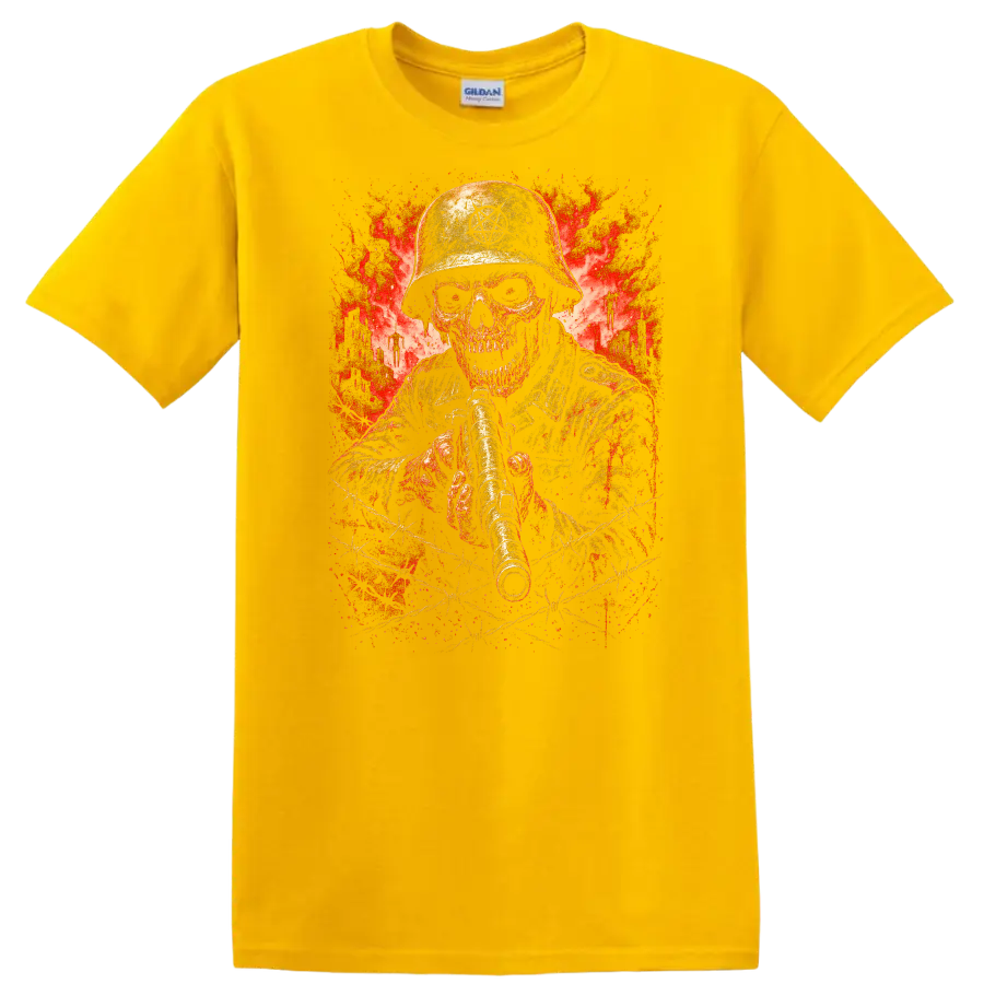 Retro Heavy Metal Skull Soldier Helmet T Shirt Red Explosion Graphic - Daisy (Yellow)
