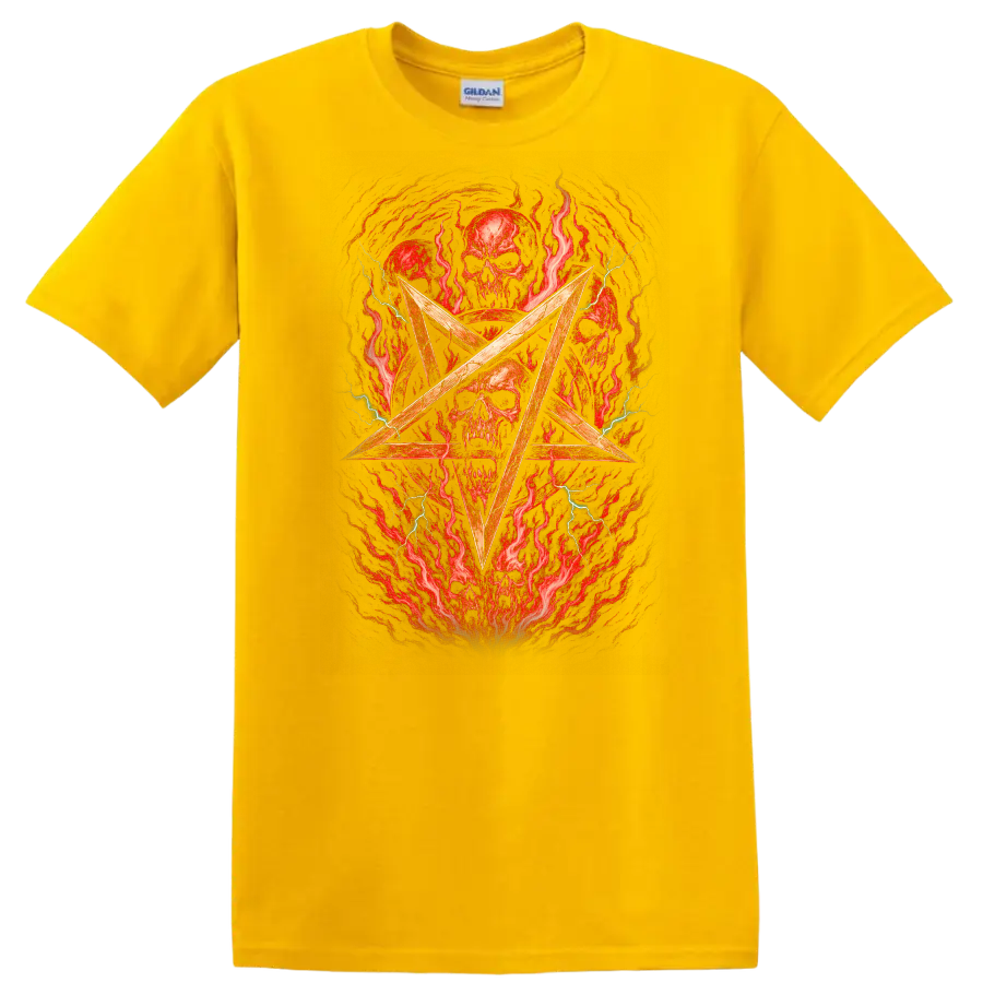 Retro Heavy Metal Skull Pentagram Album Cover Style T Shirt - Daisy (Yellow)