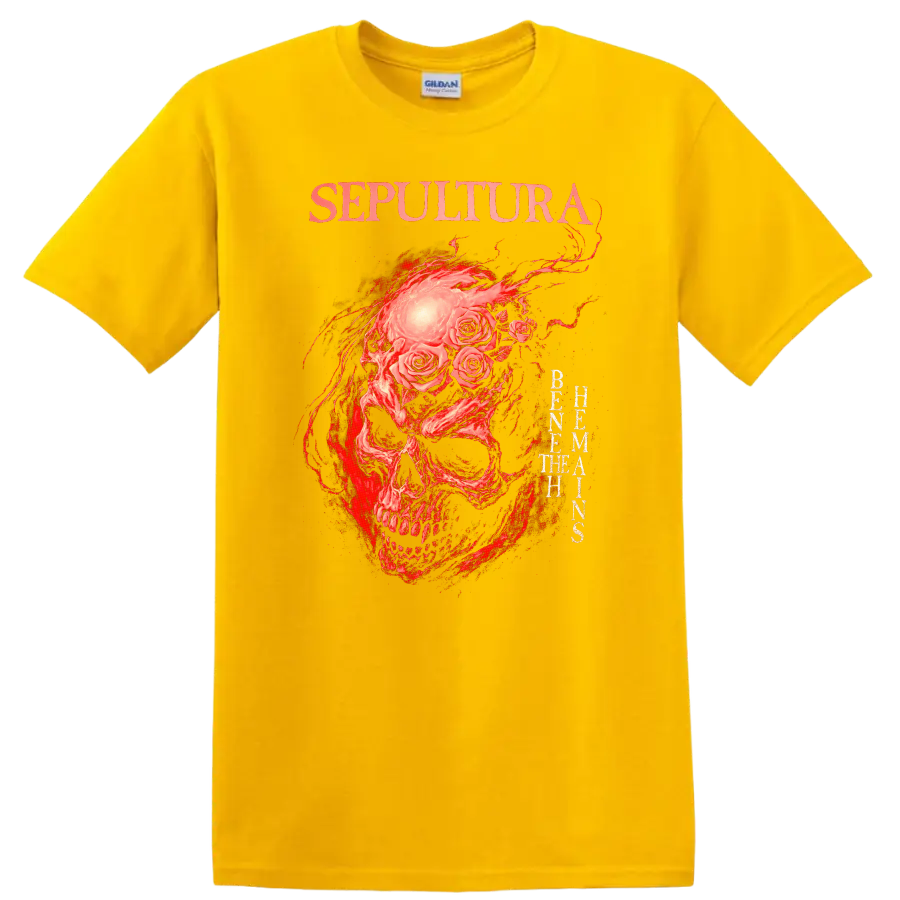 Sepultura Skull Roses Retro Heavy Metal Band Album Cover T Shirt - Daisy (Yellow)